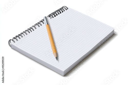 Notepad and pencil on white background, top view, high contrast, commercial product photography, e-commerce showcase