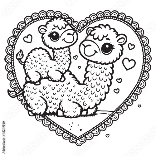 Cute Camel Couple on a Love Shape Vector Line Art Coloring Book Illustration