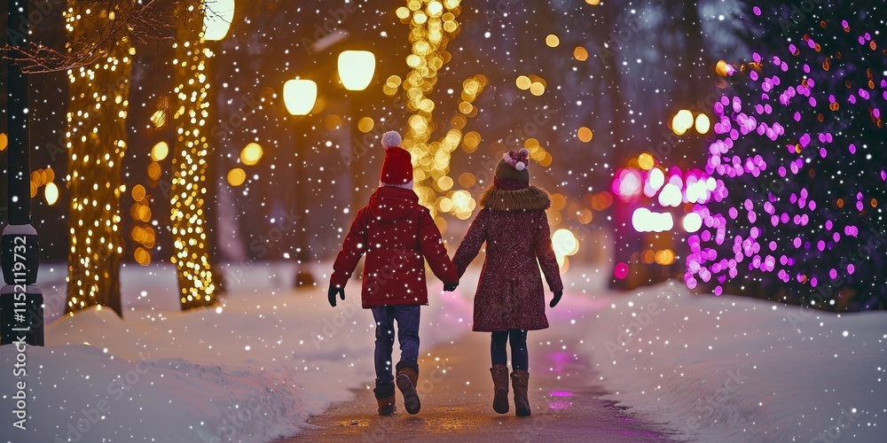 A couple enjoys a beautiful snowy evening holding hands, surrounded by warm glowing holiday lights. A couple enjoys a beautiful snowy evening holding hands, surrounded by warm glowing holiday lights.