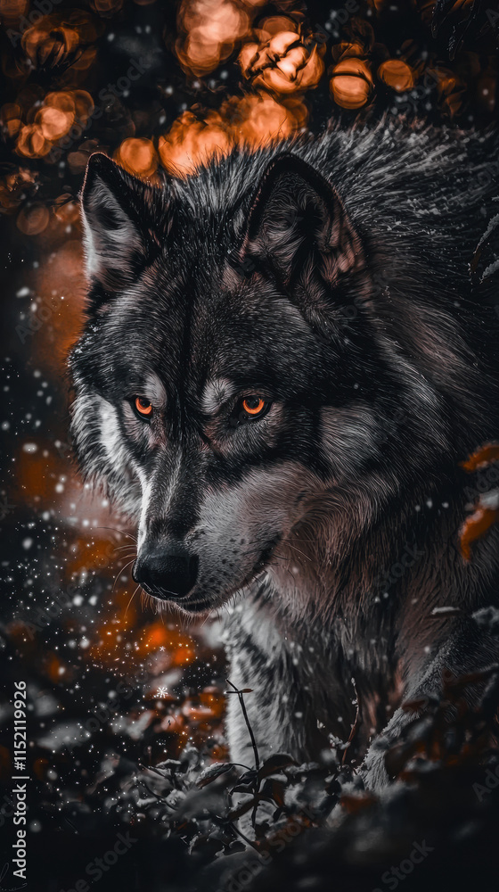 Majestic wolf with striking orange eyes in snowy forest setting Majestic wolf with striking orange eyes in snowy forest setting