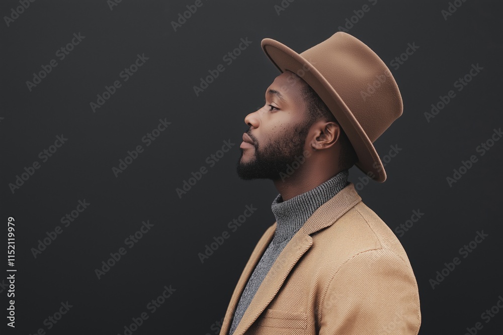 Εκτύπωση καμβά A profile shot of a stylish man wearing a hat, showcasing poise and modern elegance