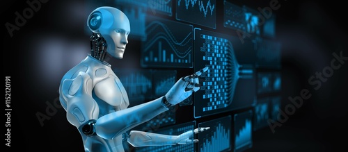 AI Robot with Big Data Analytics Dashboard for Business and Technology Concept. 3d render.