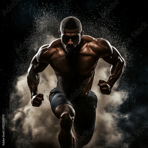 A strong athlete sprints forward, creating a dramatic dust cloud that highlights motion and power. photo