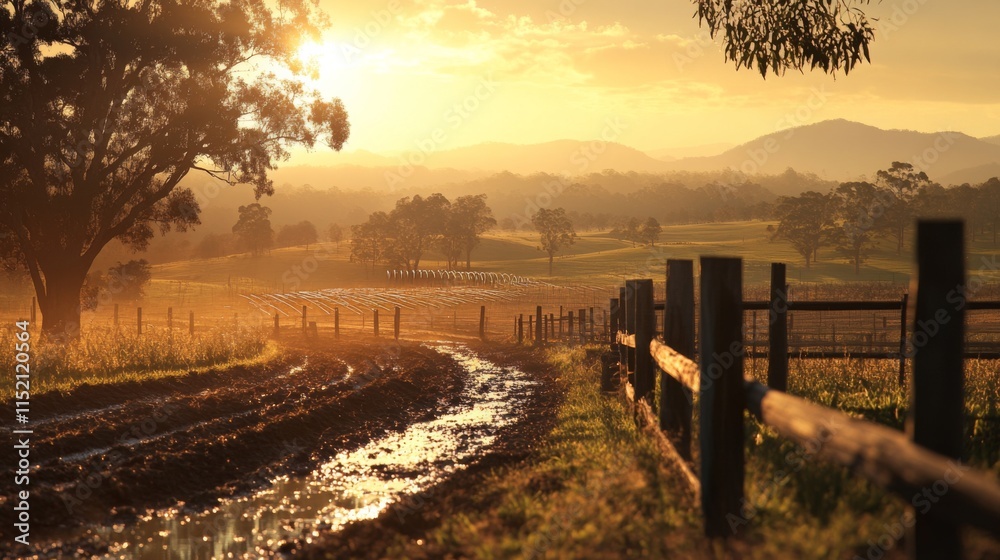 Obraz premium Serene Golden Hour Over a Tranquil Farm Scene