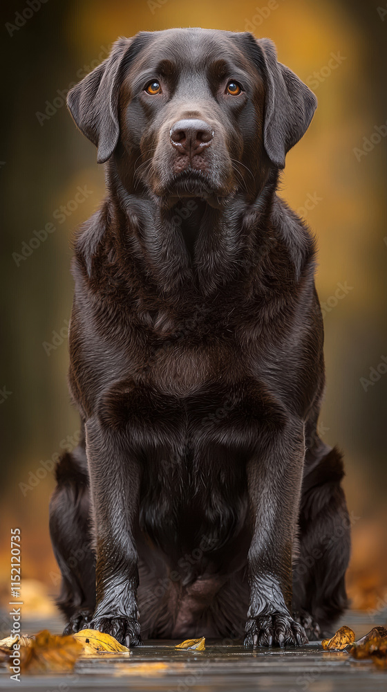 calm black Labrador retriever sitting in serene autumn setting calm black Labrador retriever sitting in serene autumn setting