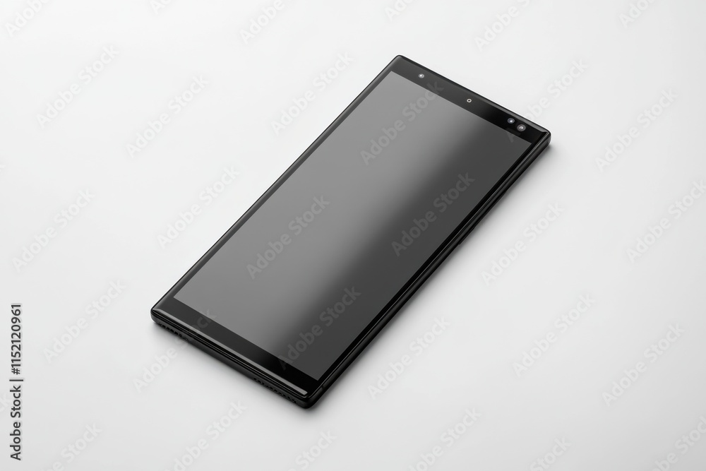 Smartphone mockup with screen display on white background, isolated top view, high contrast, lifelike accuracy, commercial product photography Smartphone mockup with screen display on white background, isolated top view, high contrast, lifelike accuracy, commercial product photography