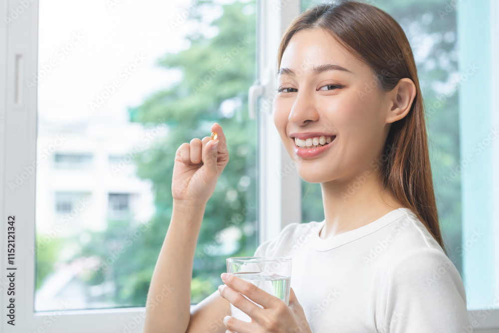 Dietary supplement, asian young woman, girl hand holding orange medical pill, take or eat vitamin C, D for treatment for skin, hair and nail strengthen with glass of pure water at home, healthcare. Dietary supplement, asian young woman, girl hand holding orange medical pill, take or eat vitamin C, D for treatment for skin, hair and nail strengthen with glass of pure water at home, healthcare.