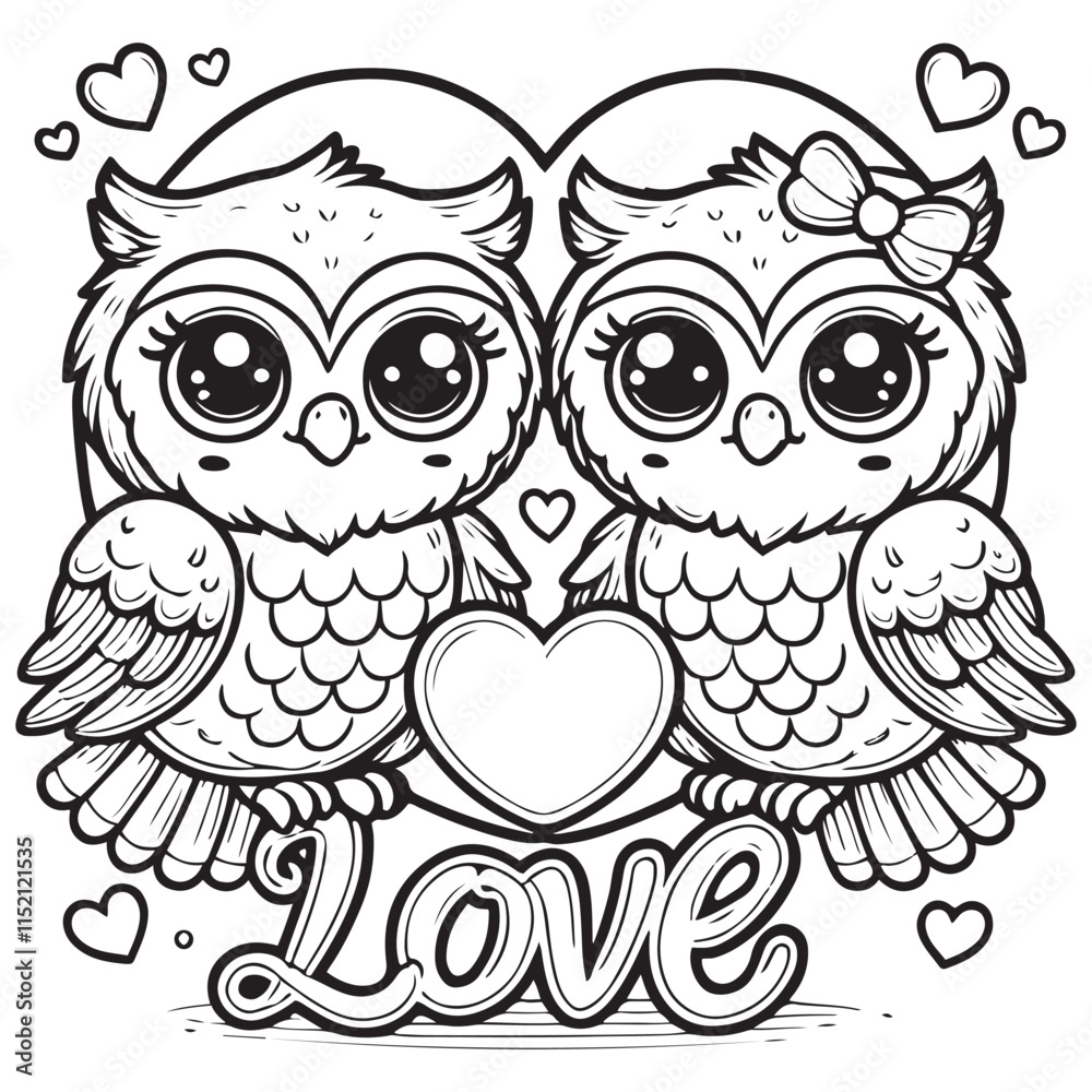 Fototapeta premium Cute Owl Couple on a Love Shape Vector Line Art Coloring Book Illustration
