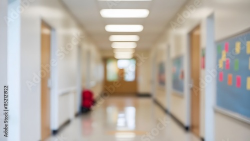 A blurred hallway, doors, light fixtures, and colorful notes on a board create a serene yet busy school atmosphere.