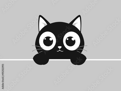 Cute black cartoon cat peeking over a gray wall