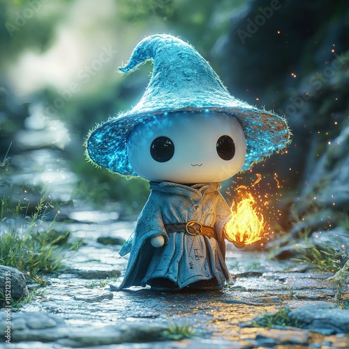 An adorable little wizard figurine holds a flickering flame. Perfect for a fantasy game avatar or a whimsical desktop wallpaper. photo