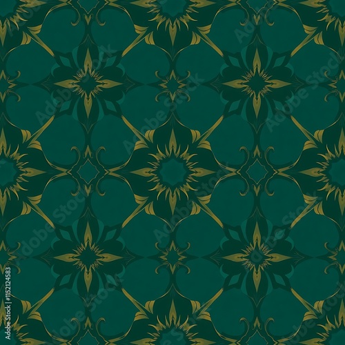 Wallpaper Mural Emerald and Gold Floral Pattern: A seamless pattern with intricate floral motifs in a rich emerald green with golden accents. This design is perfect for a wide range of applications. Torontodigital.ca