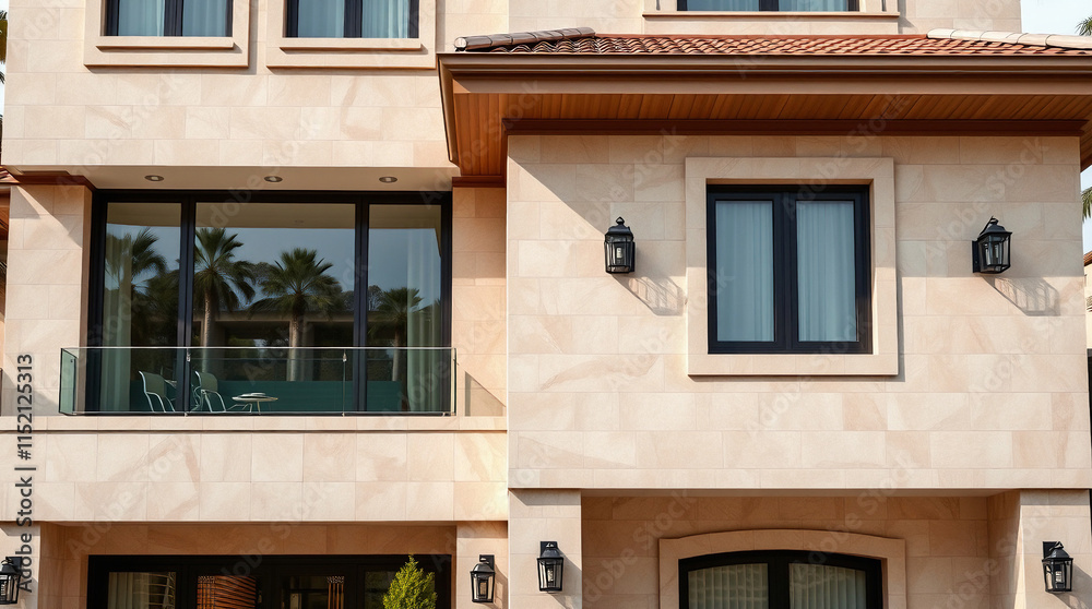 Obraz premium Beige two-story house with dark-framed windows and glass doors. Features a terracotta roof, exterior wall lights, and a balcony with glass railings. The house is modern in style with clean lines.