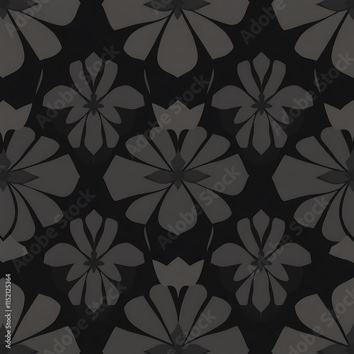 Wallpaper Mural Elegant Floral Pattern on Black: A seamless, sophisticated design featuring delicate grey floral motifs on a rich black background. Torontodigital.ca
