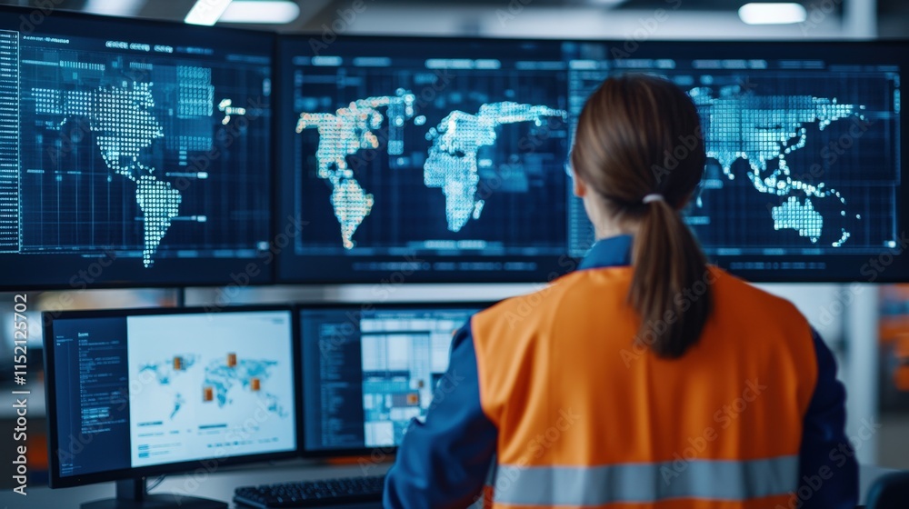 Professional Worker Analyzing Global Data Trends on Multiple High-Resolution Monitors in a Modern Control Room Environment for Analysis and Insights Professional Worker Analyzing Global Data Trends on Multiple High-Resolution Monitors in a Modern Control Room Environment for Analysis and Insights