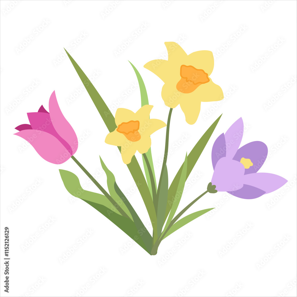 Simple Spring Design of Crocus, Daffodil and Tulip Flowers. Vector Bouquet of Three Flowers in Flat Style. Naive Botanical Element Perfect for Banners, Posters, Flyers, Cards, Social Media, Web. Simple Spring Design of Crocus, Daffodil and Tulip Flowers. Vector Bouquet of Three Flowers in Flat Style. Naive Botanical Element Perfect for Banners, Posters, Flyers, Cards, Social Media, Web.