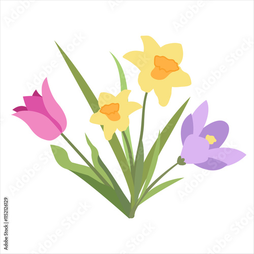 Wallpaper Mural Simple Spring Design of Crocus, Daffodil and Tulip Flowers. Vector Bouquet of Three Flowers in Flat Style. Naive Botanical Element Perfect for Banners, Posters, Flyers, Cards, Social Media, Web. Torontodigital.ca