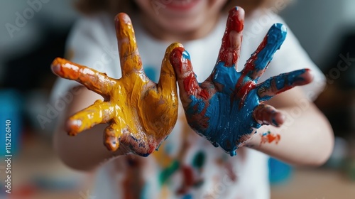 A joyful child shows their playfully messy, paint-covered hands with a bright smile, capturing creativity and the delight of artistic freedom in a vivid setting. photo