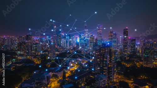 Wallpaper Mural Smart digital city with connection cyber security network reciprocity over the cityscape . future smart wireless digital city and social media networking systems that connects people within the city Torontodigital.ca