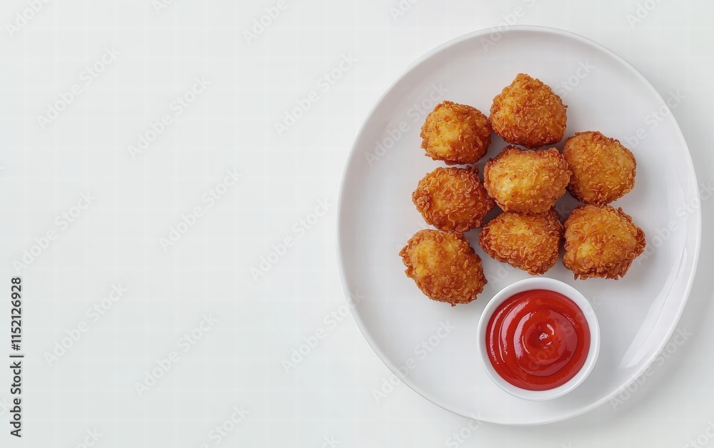 A plate of crispy chicken nuggets with a side of ketchup, isolated on a bright white background A plate of crispy chicken nuggets with a side of ketchup, isolated on a bright white background