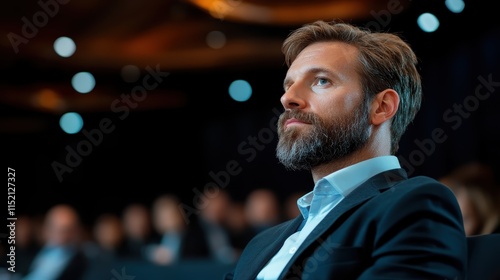 A bearded, pensive man at an event gazes thoughtfully, with blurred lights in the background, capturing a moment of introspection and curiosity in a lively setting. photo