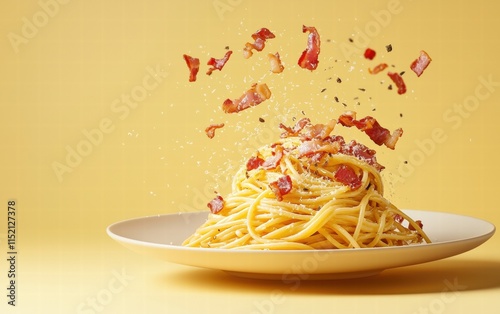 A plate of spaghetti carbonara floating mid-air with crispy bacon and parmesan, on a pale yellow background