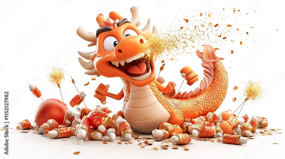 Cheerful 3D cartoon animation of a playful dragon blowing shimmering golden sparkles onto a line of firecrackers set against a backdrop of festive Chinese Cheerful 3D cartoon animation of a playful dragon blowing shimmering golden sparkles onto a line of firecrackers set against a backdrop of festive Chinese