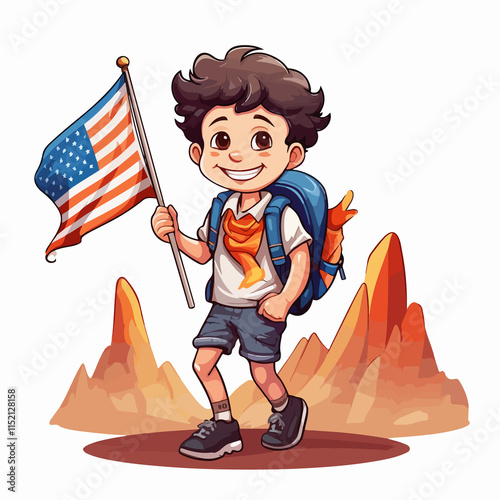 Adventurous boy with camping backpack and flag ready for outdoor adventure photo