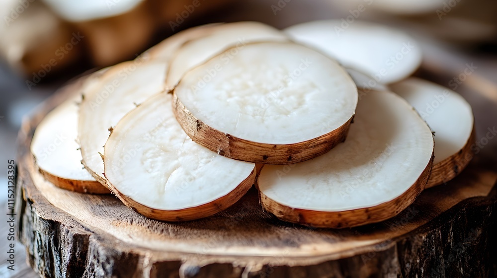Close up sliced Greater yam on wooden board Close up sliced Greater yam on wooden board