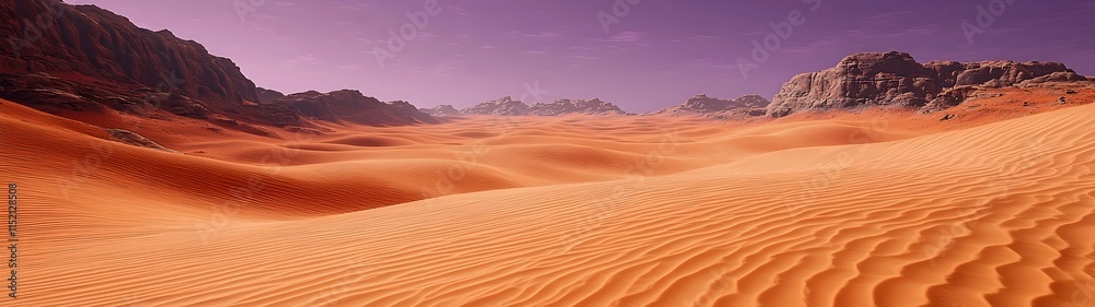 Naklejka premium A breathtaking view of vast desert dunes under a purple sky, showcasing the intricate patterns of the sand and the rugged mountains in the distance.