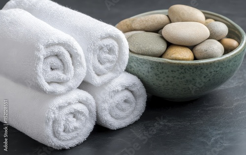 A bowl of rocks sits next to a stack of white towels photo