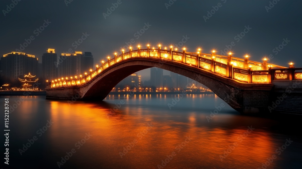 Illuminated Bridge at Night Transforming into a Glowing Structure Over Calm Water, Creating a Magical Atmosphere in an Urban Setting Illuminated Bridge at Night Transforming into a Glowing Structure Over Calm Water, Creating a Magical Atmosphere in an Urban Setting