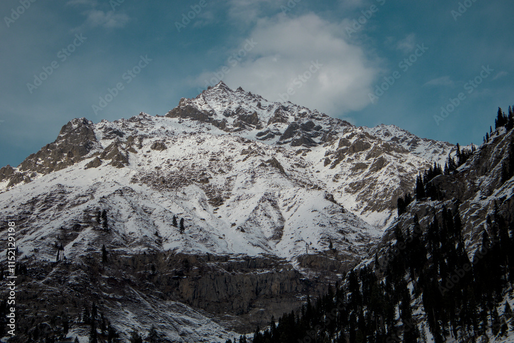Obraz premium Sunlit Majestic Snow-Covered Mountain with Dark Green Trees