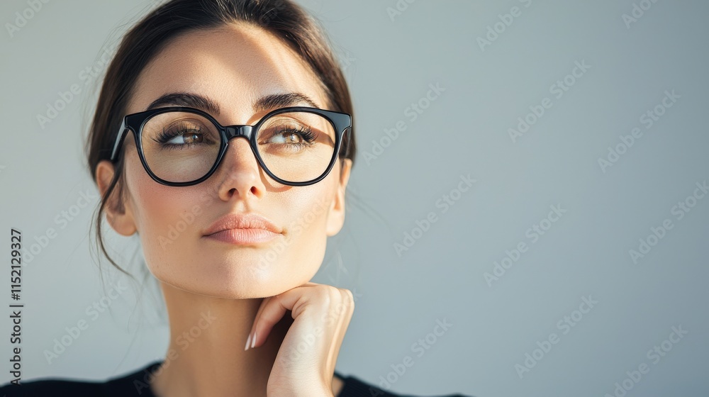 Thoughtful young woman with stylish eyeglasses gazing upwards against a neutral background, showcasing intelligence and modern fashion sense in lifestyle portrait photography Thoughtful young woman with stylish eyeglasses gazing upwards against a neutral background, showcasing intelligence and modern fashion sense in lifestyle portrait photography