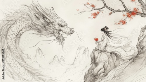 Lunar New Year Mystical encounter between woman and dragon amid cherry blossoms in ancient landscape photo