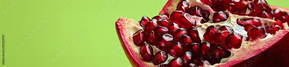 Vibrant Pomegranate Halved with Seeds Spilling on a Fresh Green Background Vibrant Pomegranate Halved with Seeds Spilling on a Fresh Green Background