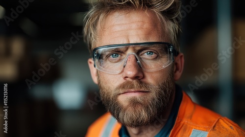 A blonde worker wearing protective glasses and an orange vest gazes sideways, representing awareness and readiness amidst an industrial environment. photo