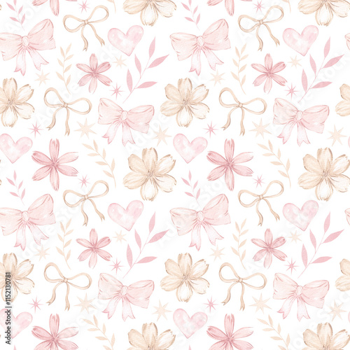 Watercolor seamless pattern with pink bows and flowers. Hand drawn print in pastel colors. Holiday background, Valentine's Day wallpaper, wrapping paper design and decoration, etc. Girly cute style.