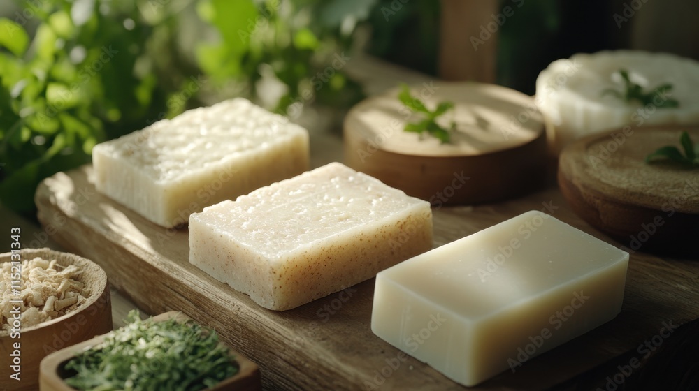 Natural handmade soap bars on wooden tray with organic ingredients for skincare and aromatherapy Natural handmade soap bars on wooden tray with organic ingredients for skincare and aromatherapy