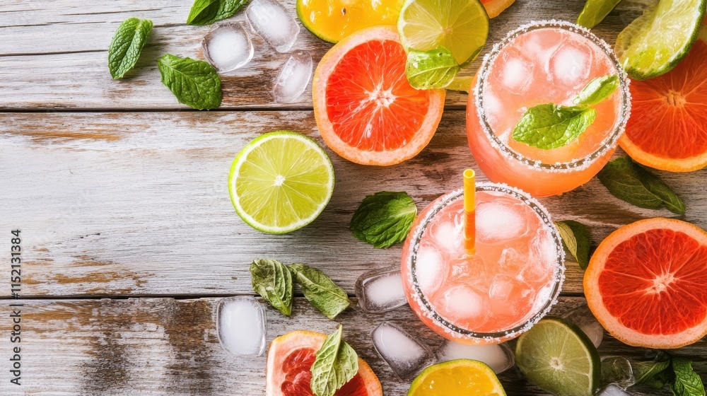 Refreshing citrus cocktails with ice and mint on rustic wooden table Refreshing citrus cocktails with ice and mint on rustic wooden table