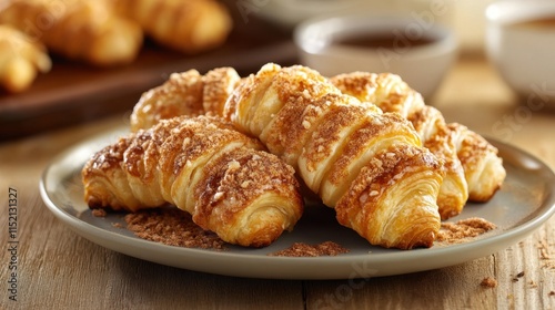 Cinnamon Rugelach Freshly baked cinnamon croissants on rustic plate with warm morning light photo