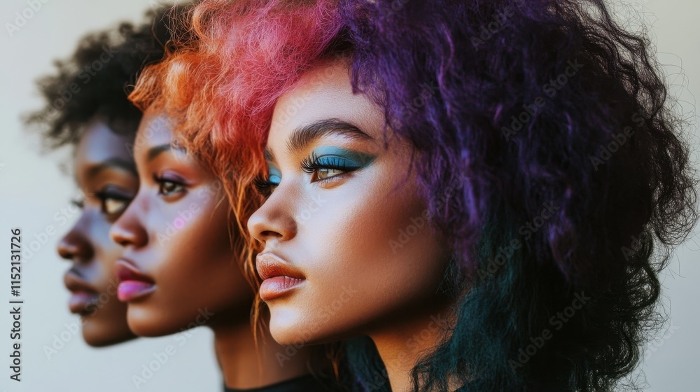 Obraz premium Vibrant hair and makeup artistry in three unique colorful hairstyles