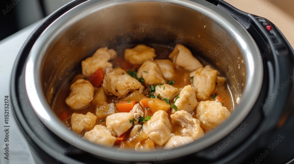 Delicious chicken stew cooking in pressure cooker for tasty home meal preparation