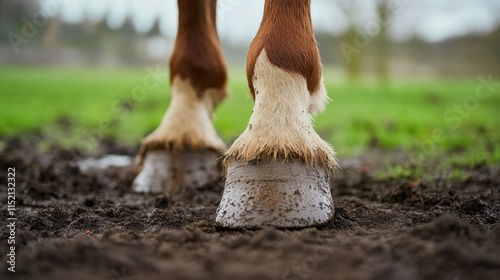 International Hoof Care Week Close-up of horse hooves on soil in nature setting photo