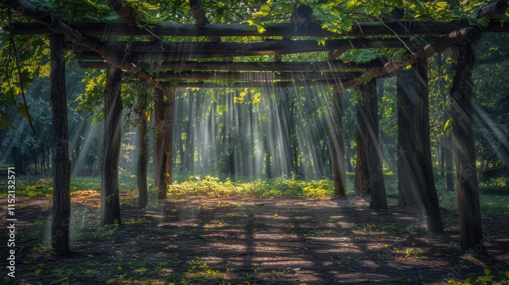 A tranquil forest clearing with light streaming through a wooden canopy A tranquil forest clearing with light streaming through a wooden canopy