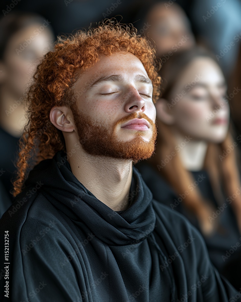 Young Man in Meditation With Closed Eyes Among Group During Mindfulness Session in Modern Environment Young Man in Meditation With Closed Eyes Among Group During Mindfulness Session in Modern Environment