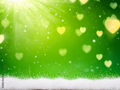 Green Winter Background with Hearts and Snow