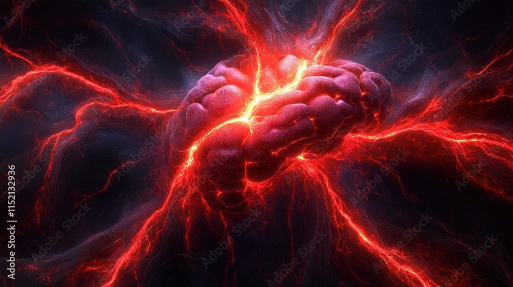 A human brain engulfed in fiery energy, symbolizing intense mental activity or neurological processes. A human brain engulfed in fiery energy, symbolizing intense mental activity or neurological processes.