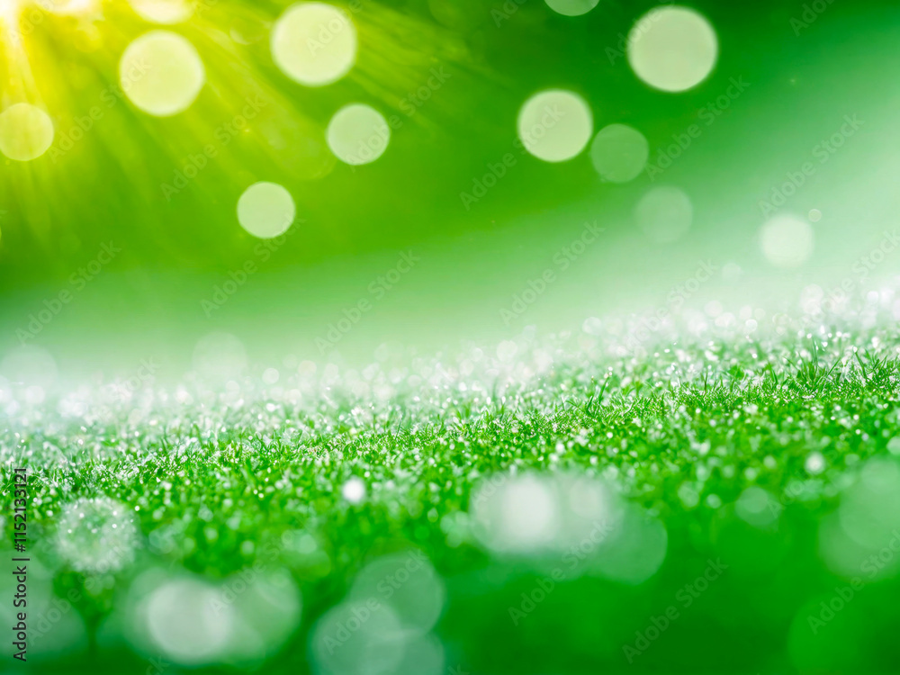 Obraz premium Dew Drops on Green Grass with Sun Rays.