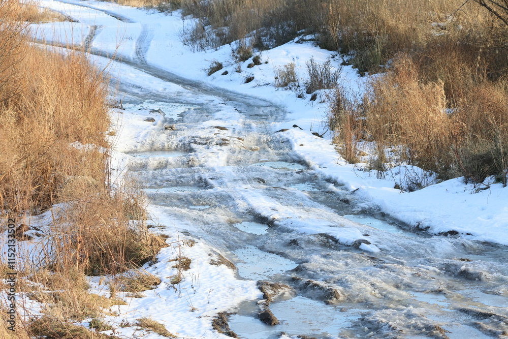 Winter road with frozen puddles among dry grass Winter road with frozen puddles among dry grass